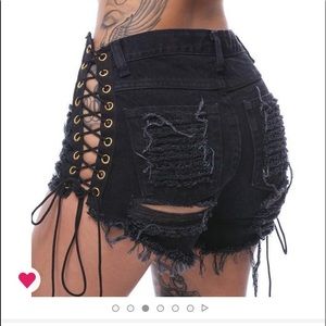 Distressed Denim Lace Up Shorts